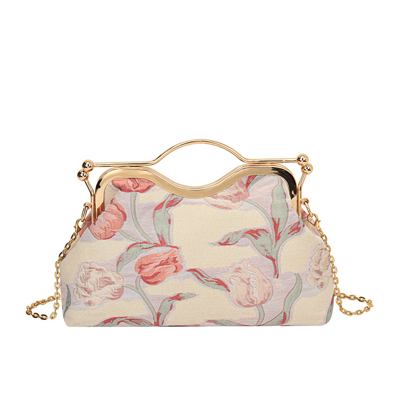 Nuevo estilo chino bolsa de cadena 2023 nuevo estilo clip boca bolso estilo étnico flor bolsa de hombro bolsa de mensajero de las mujeres