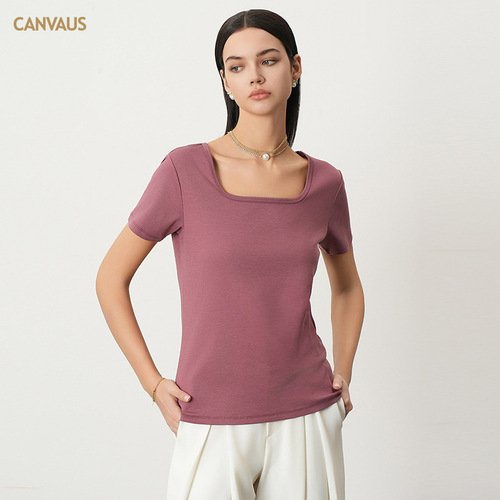 CANVAUS Korean version short-sleeved square collar shoulder T-shirt for women new simple casual basic solid color versatile top summer