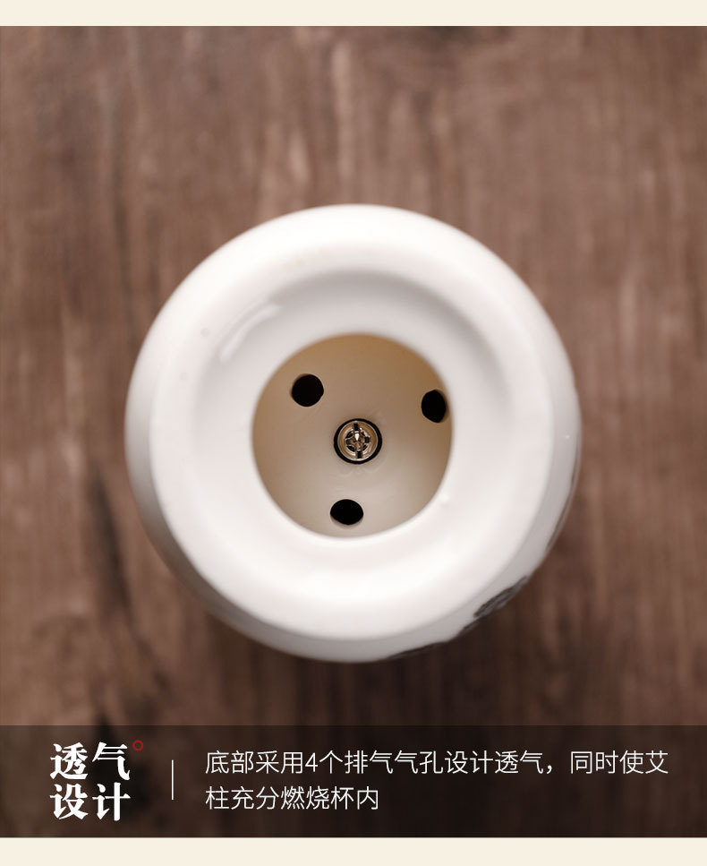 Ceramic Moxibustion Jar with Gua Sha Cup Portable Moxa Burner Home Spa Tool with Cloth Cover 54 Moxa Cones Acupoint Chart 220ml Oil in use