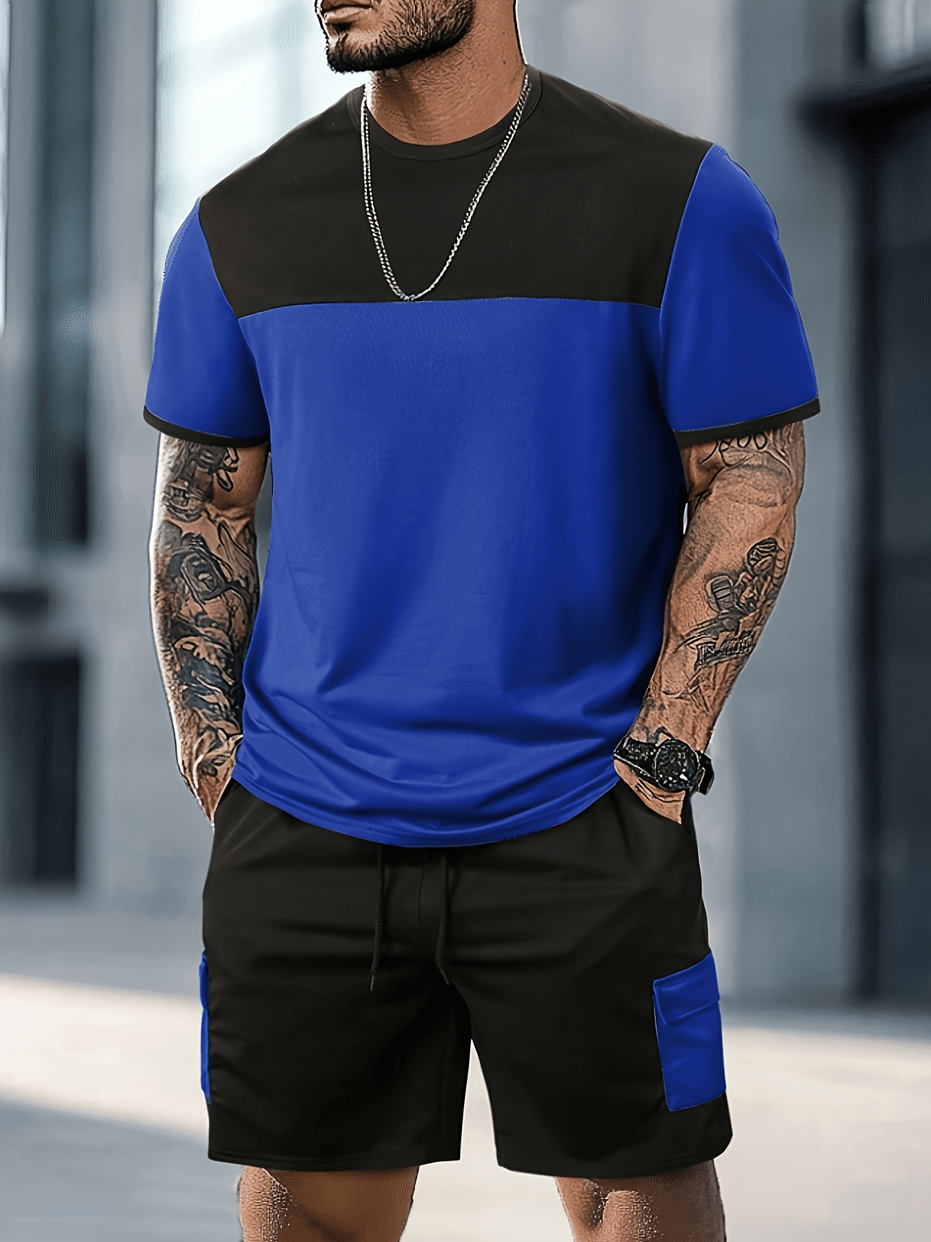 Men's Color Block Sports Suit American Style Casual Set Summer Short Sleeve Shorts For Men_viptrois.com