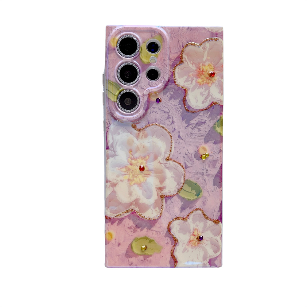 Blaues Strass-Ölgemälde mit Blumenmuster, geeignet für Samsung S25 Ultra Handyhülle, S24U mit Glitzer-Linsenfolie, S23_voghion.com