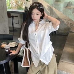 韩系穿搭会凹造型的白色衬衫女早秋新款设计感收腰衬衣老钱风上衣