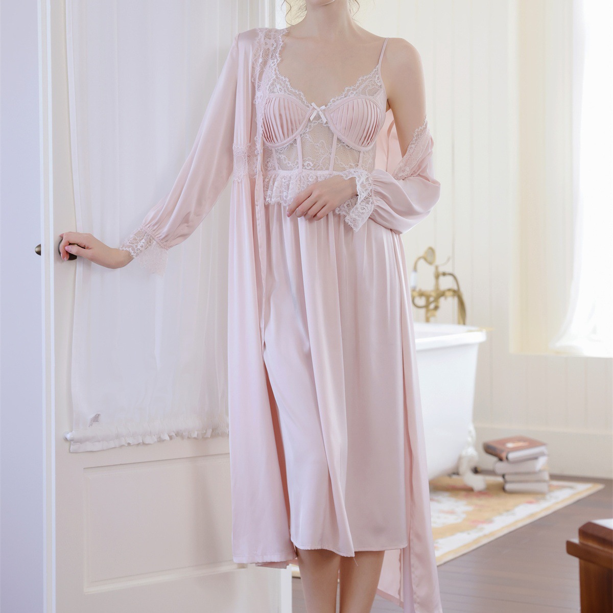 Spring and Summer Pajamas Women's Sexy Ice Silk Lace Fish Bone Sling Robe with Chest Pad Nightgown Long Sleeve Nightgown Two-piece Set
