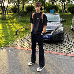 黑色冰丝直筒西裤男夏季美式提裆裤子cleanfit凉感速干微喇裤