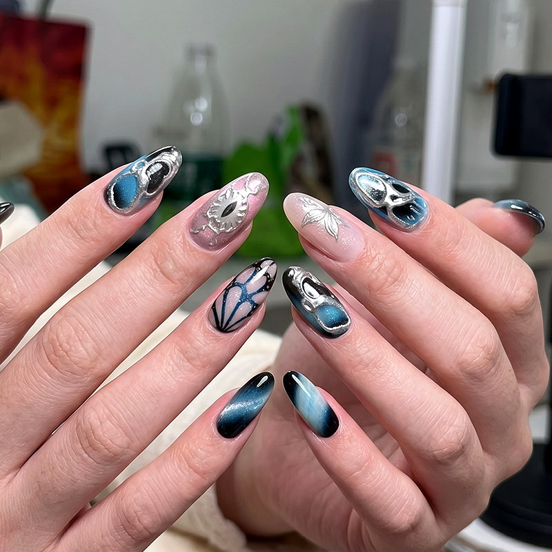 European and American Style Cyberpunk Liquid Metal Cat-Eye Wearable Nails Blue Pink Neon Gradient Hot Girl Style Fake Nails Wholesale