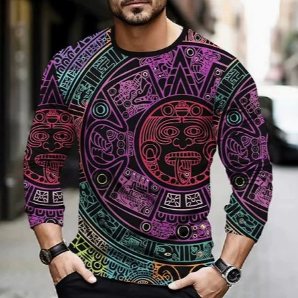 2025 Cross-Border Export New Mexican Aztec Men's Retro 3D Digital Printing Long-Sleeved Street Hip-Hop