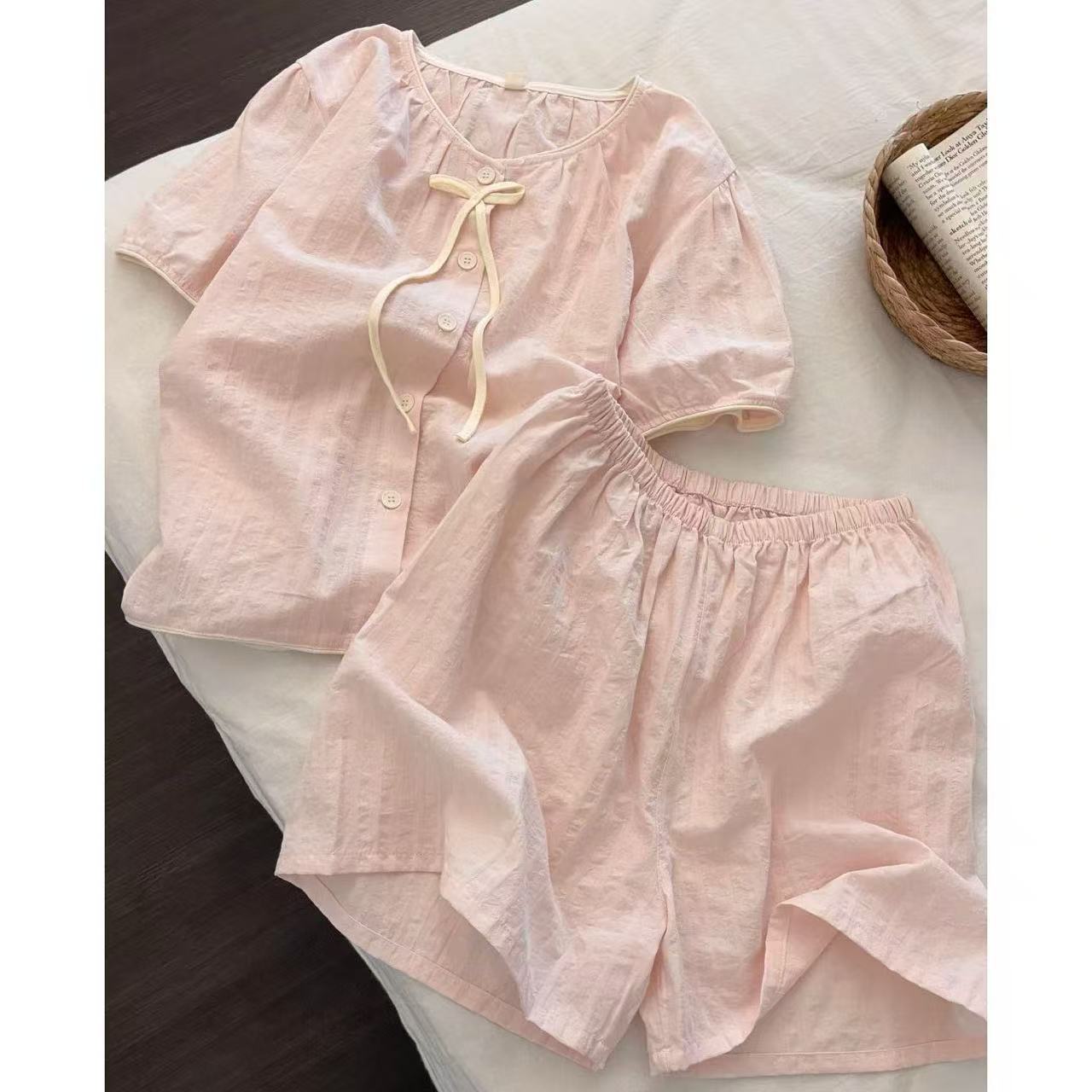夏季短袖蝴蝶结睡衣女宽松大码ins风韩版家居服夏跨境批发pajamas