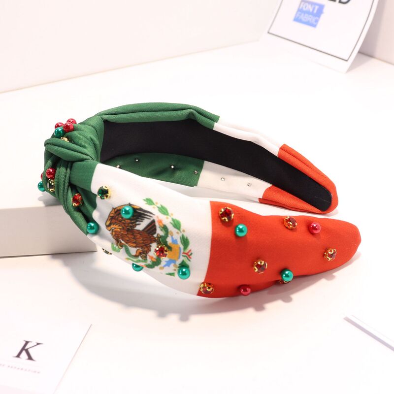 New Style Mexican Flag Diamond-Encrusted Headband in Red and Green with Pearl Headband, Simple and Trendy Holiday Hair Accessory, Wide-Brimmed Hair Accessory