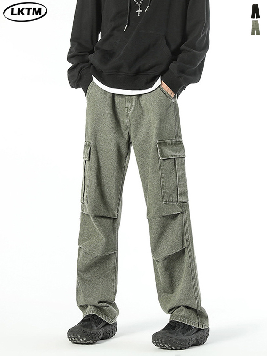Ropa de hombre LKTM # Vaqueros japoneses sueltos de pierna ancha con múltiples bolsillos para hombre con mono plisado recto de marca de moda