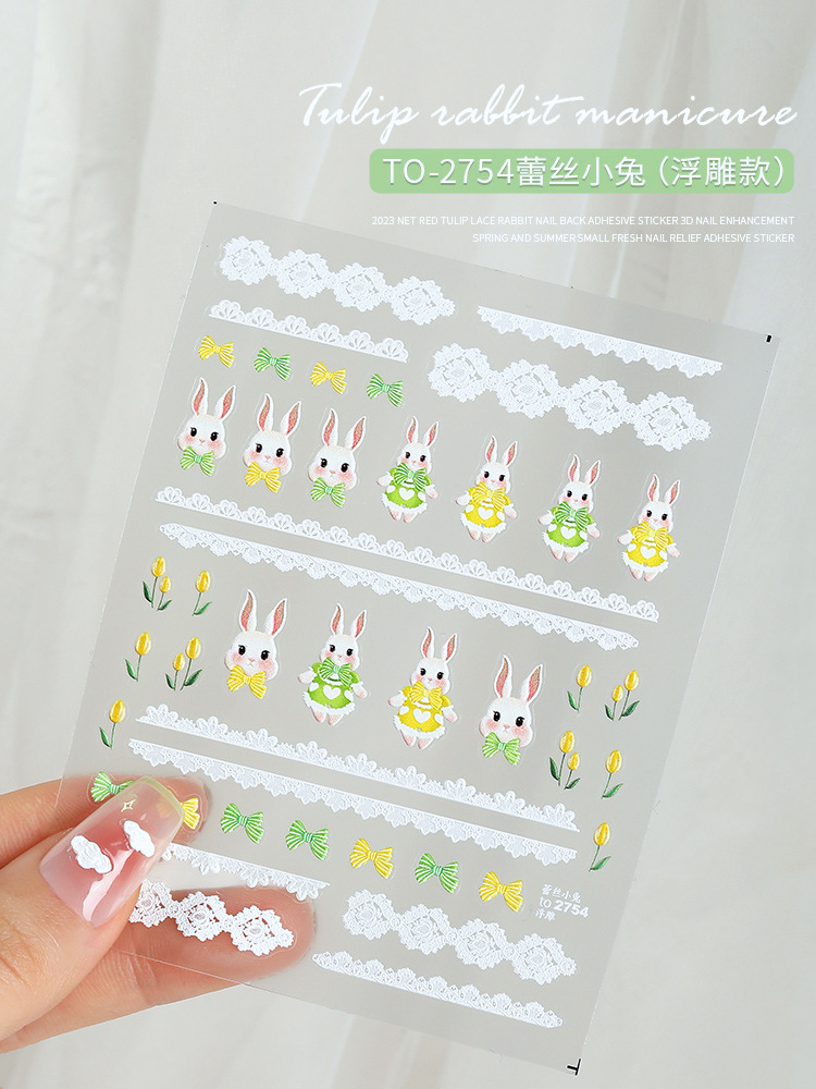 Tulipán uñas alivio pegatinas 2023 nueva celebridad en línea de encaje conejo uñas decoraciones 3D 3D calcomanías