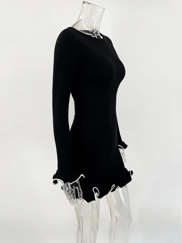 Jacquard, Contrast Binding Design Wholesale Women's Elegant Jacquard Contrast Binding Color Block Casual Holiday Round Neck Long Sleeve Sheath Dress