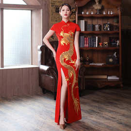 新款A版拼色短袖宴会礼服 刺绣排花显瘦不挑人礼服红色结婚轻奢