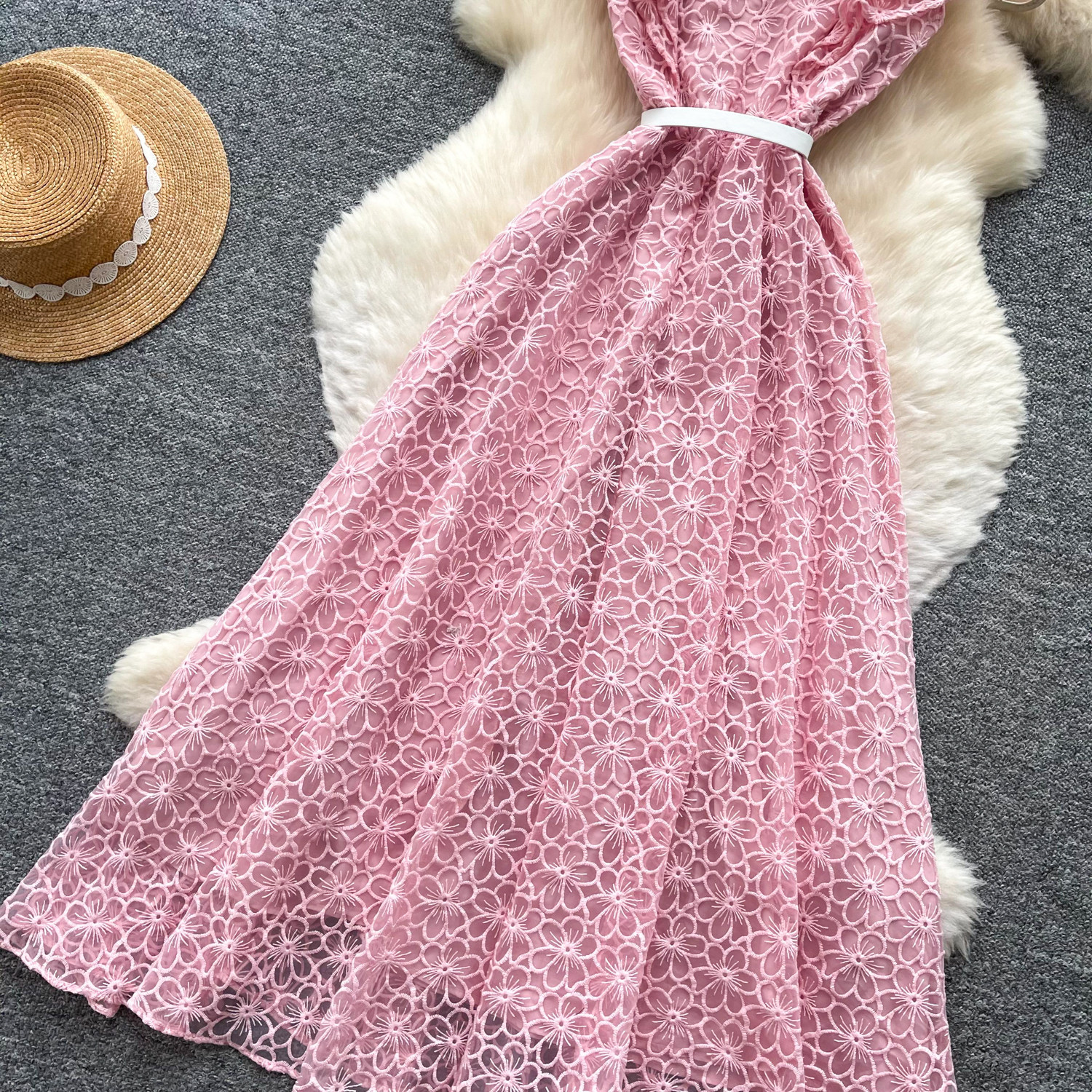 Elegant Lace A-Line Sundress For Women, High Waist Sleeveless Summer Maxi Dress_ecoleips.com