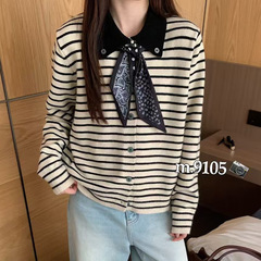 丝巾系带针织开衫 2025秋季新款 慵懒气质撞色翻领外套女毛衣9105