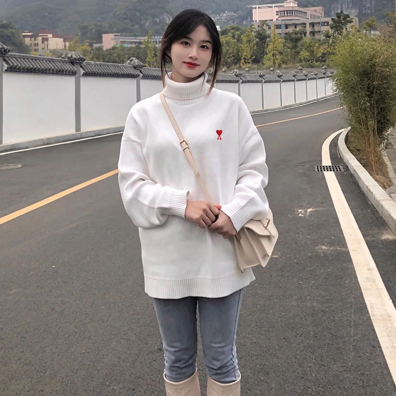 重磅！ami毛衣高领小爱心刺绣25ss新款情侣长袖跨境羊毛女针织衫|undefined
