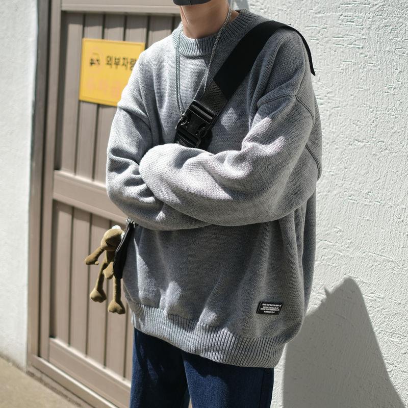 T Japanese Labeling Crewneck Sweater Men's Spring Trendy Brand Large Size Loose Base Knitted Sweater for Boys Lazy Inner and Outer