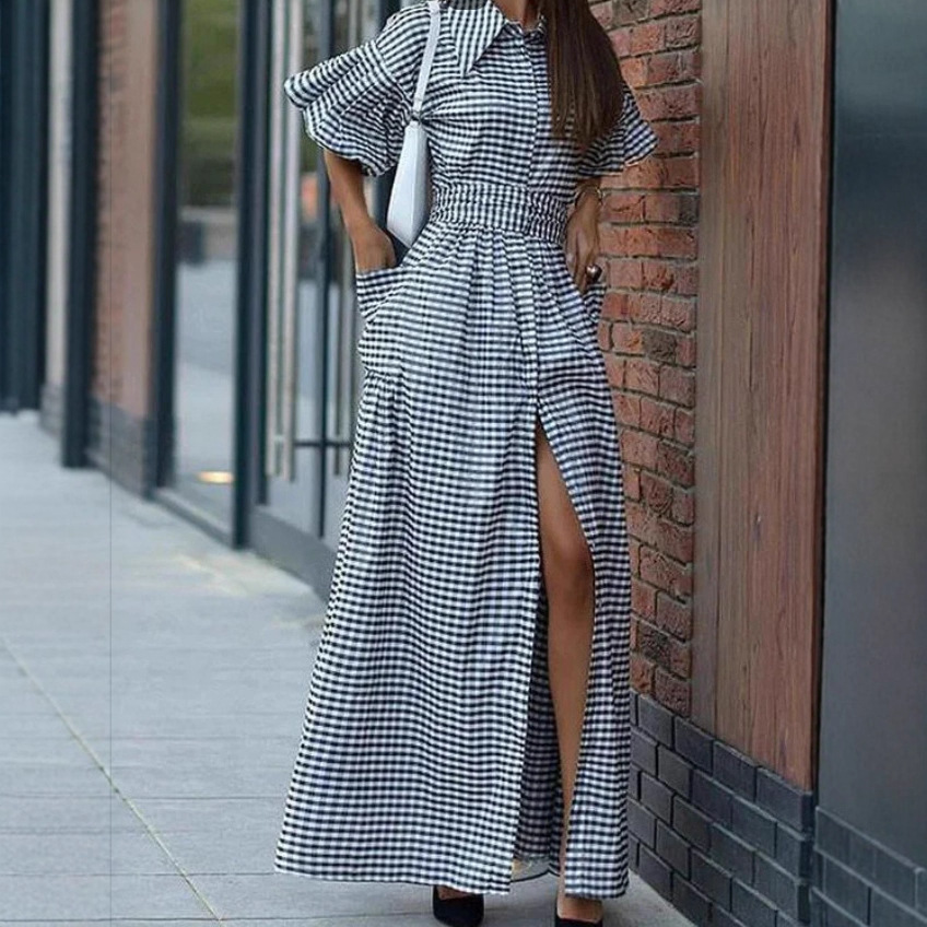 Women's Christmas Themed Long Casual Fashion Shirt Dress In Green And Red Plaid_ecoleips.com
