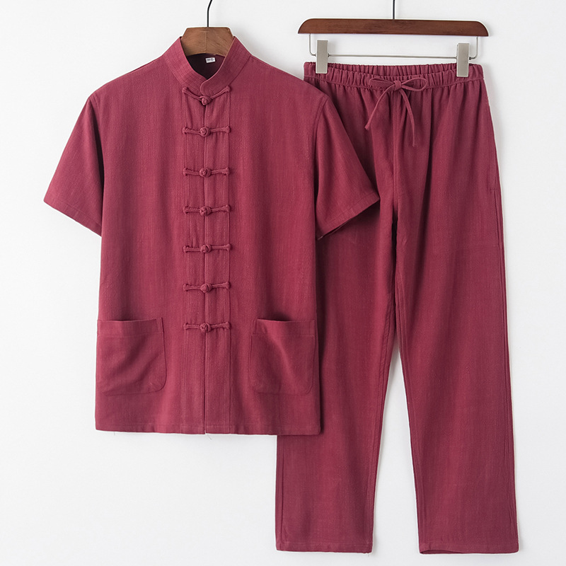 Men's Summer Tang Suit Thin Breathable Linen Short Sleeve Set Casual Dad Attire Style Retro With Frog Buttons_viptrois.com