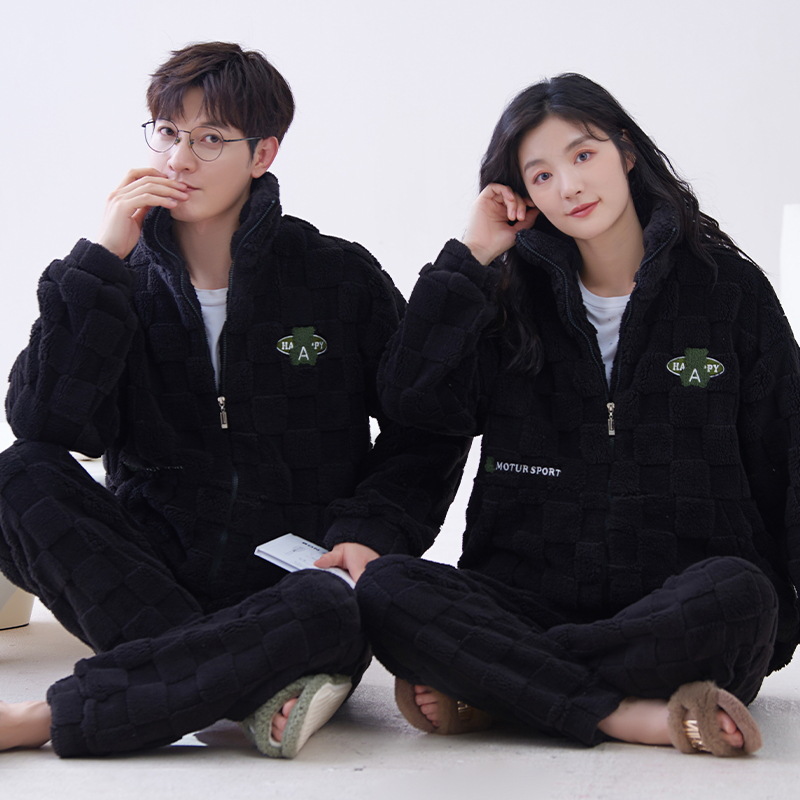 Pijamas de pareja de invierno de las mujeres de coral de lana collar de pie estilo deportivo ligero se puede usar fuera de forro polar engrosada homewear traje de manga larga