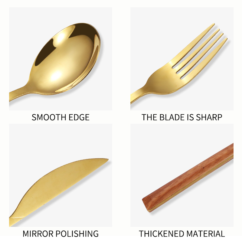 Mango de madera de acero inoxidable vajilla Juego de 16 piezas cuchillo y tenedor cuchara mango de madera de estilo coreano vajilla de acero inoxidable traje de lujo ligero caja de regalo