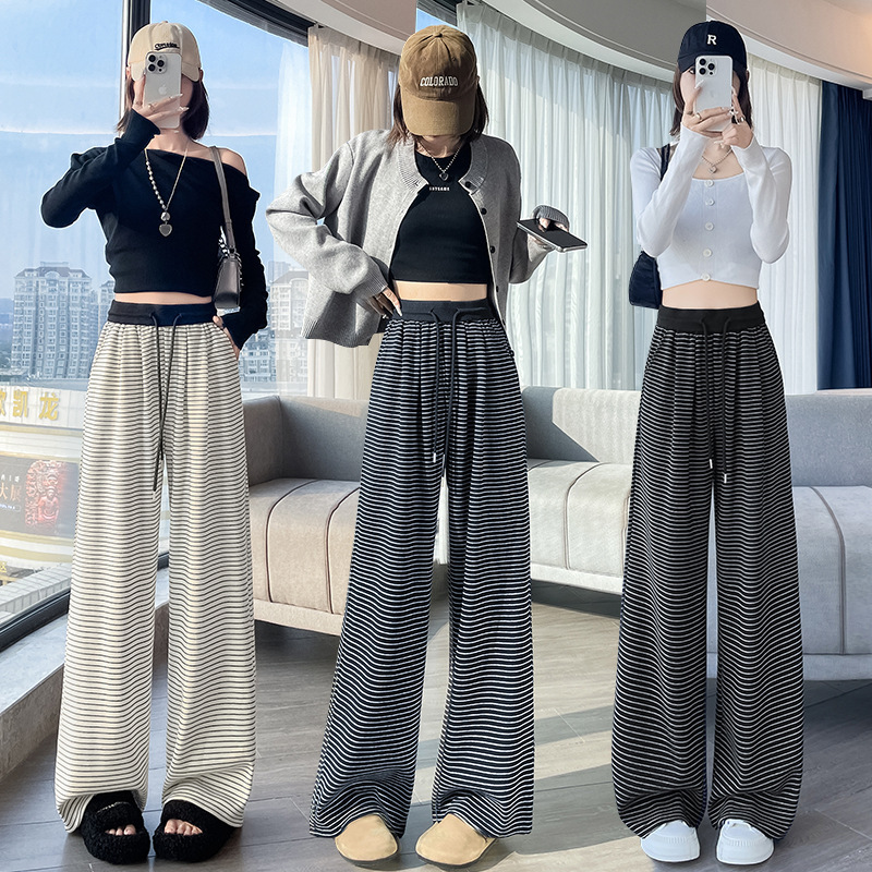撞色条纹阔腿裤女2025秋款宽松羊绒百搭慵懒风高腰垂顺针织糯米裤|undefined