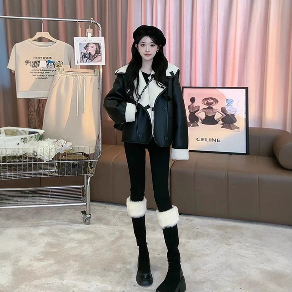 Two-Way Large Lapel Fleece-Lined Leather Jacket for Women, Winter Petite High-End Fur Integrated Thickened Short Jacket