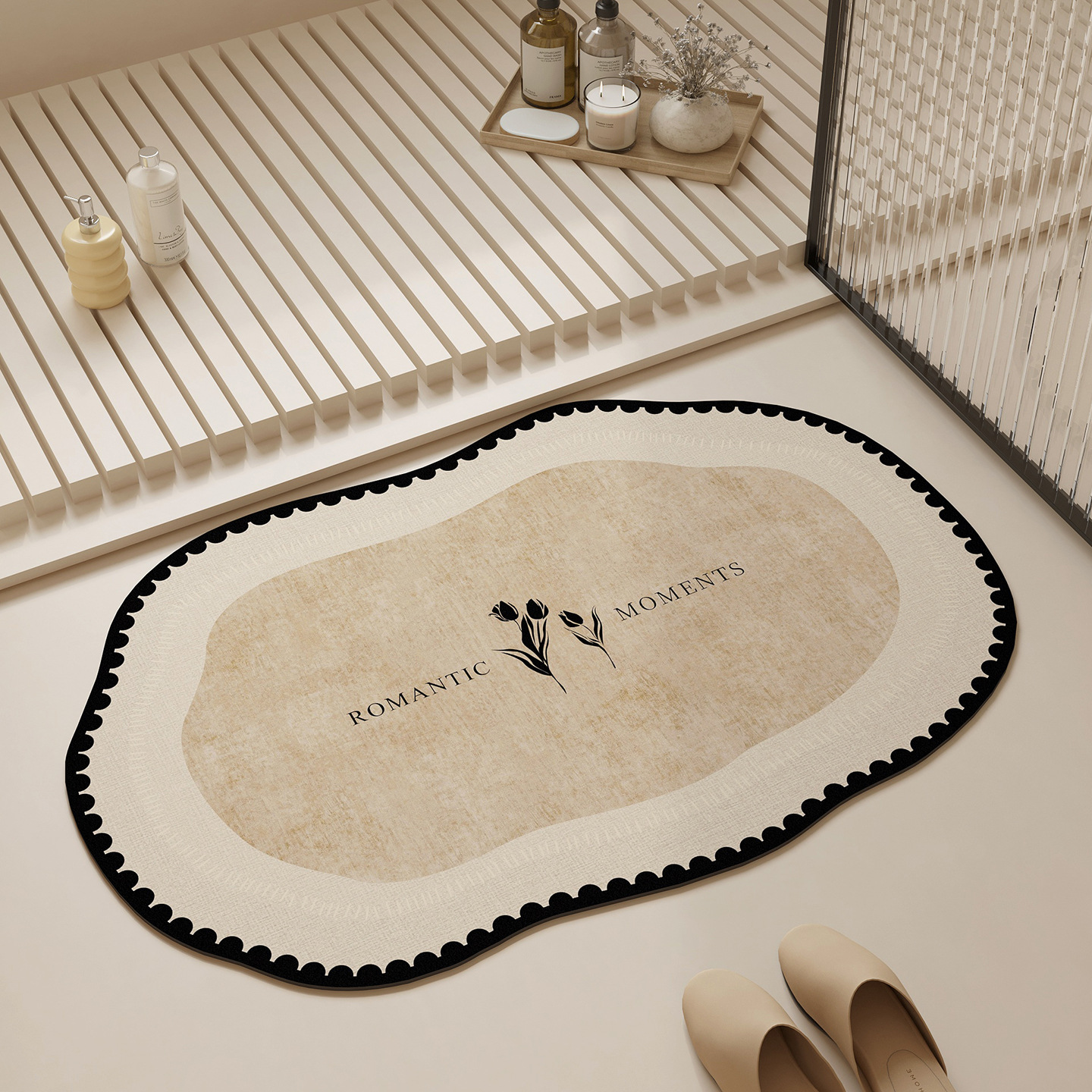Gebruikte badkamermat, absorberende mat van diatomeeënaarde voor de deuropening, Franse retrostijl, luxe uitstraling._voghion.com