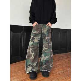 复古迷彩破洞工装裤男款美式拼接多口袋高街vibe风阔腿裤宽松直筒