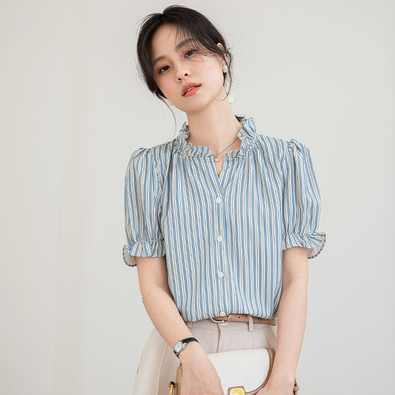 French Ruffled Puff Sleeve Blue Stripesd Shirt Women's Short-Sleeved 2025 Summer New Chiffon Lace Collar Top