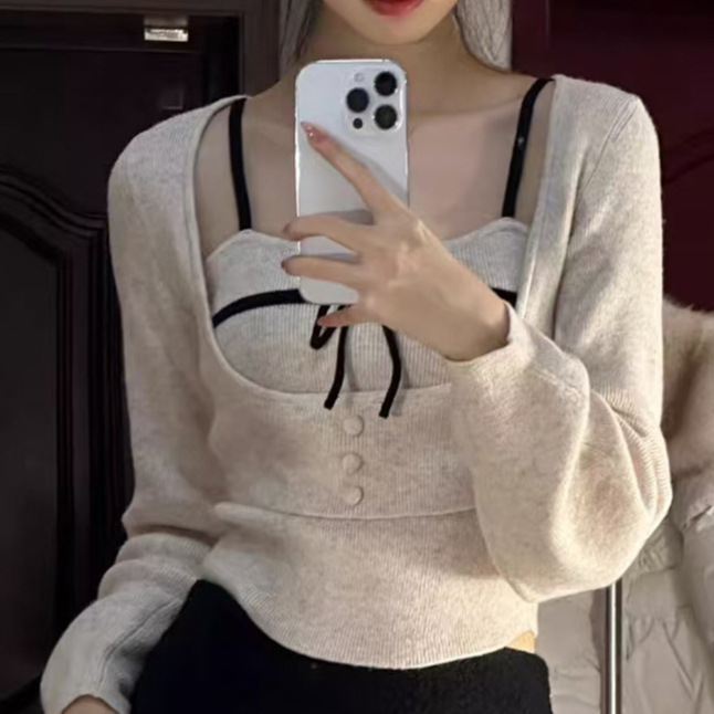 Pure Desire Style Design Bow Sling Knitted Sweater Two-piece Set Women's Spring New Style Small Inner Top Trendy