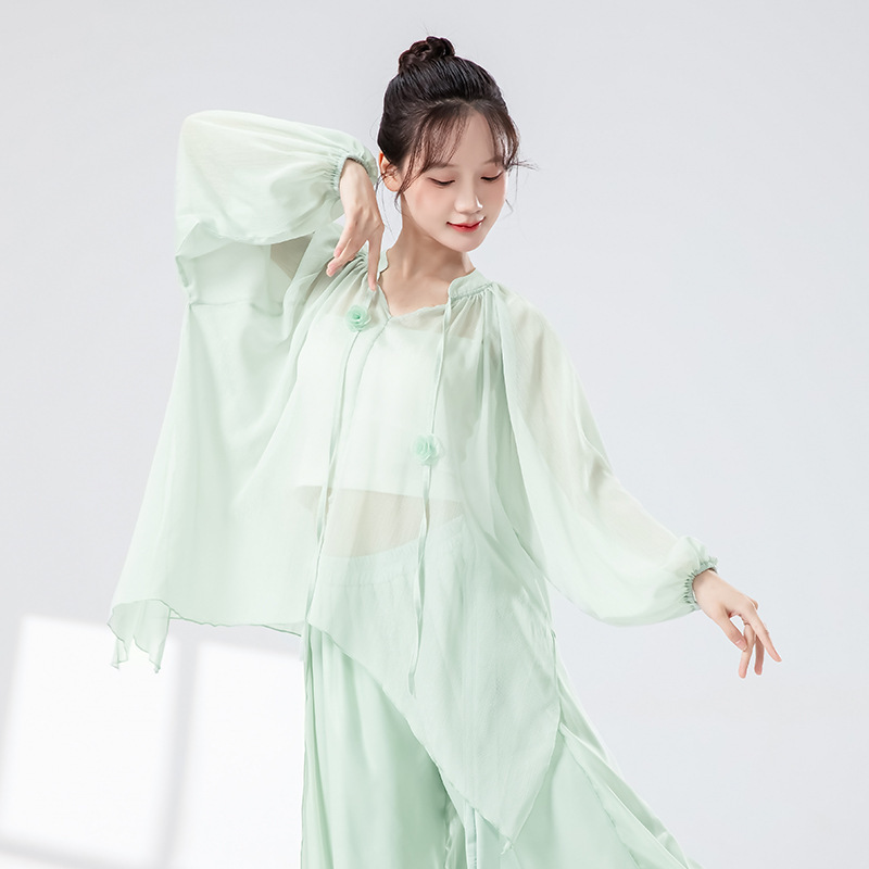 女性用クラシックダンス服、春夏新作、エレガントなガーゼ服、中国舞踊練習服、モダンダンスゆったりトレーニング服|undefined