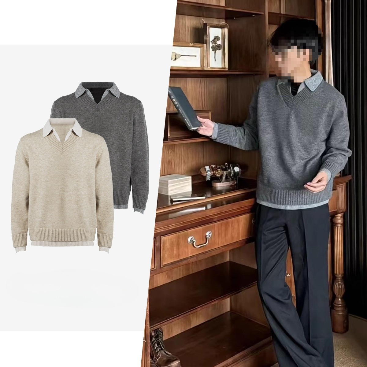 跨境Stay the Night 假两件V领仿羊绒polo氛围感老钱毛衣Stay the