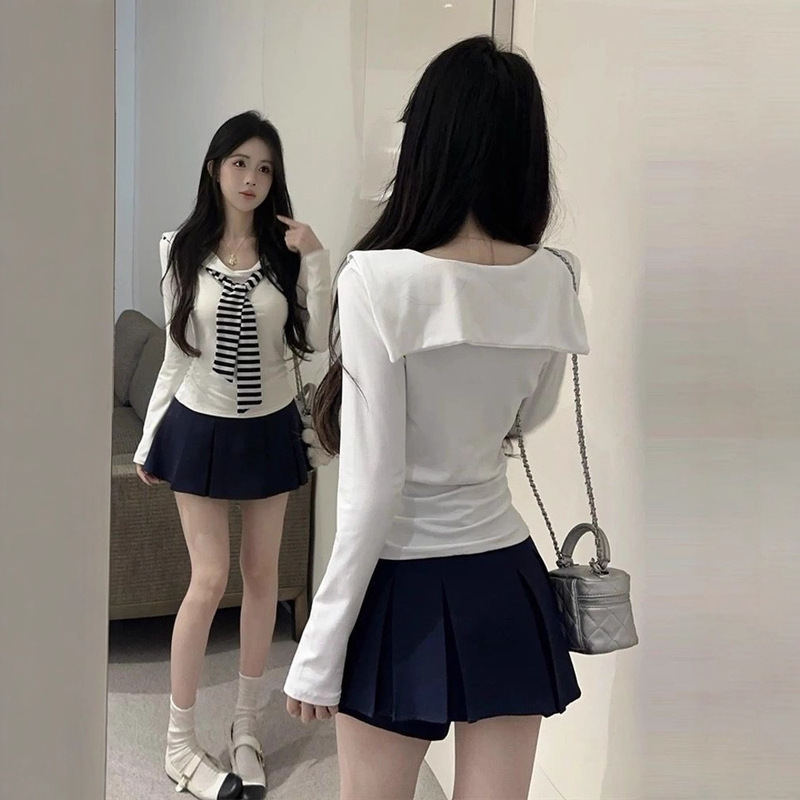 Academy-Style Navy Collar Design Long-Sleeve Shawl New T-Shirt Autumn 2026 Striped Slim-Fit Short Top