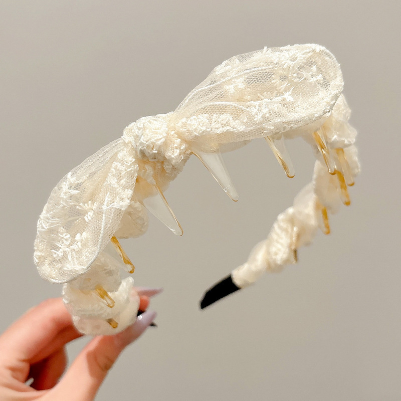 蕾丝兔耳朵蝴蝶结发箍女高颅顶日常外戴头箍带齿防滑发捆洗脸头饰|undefined