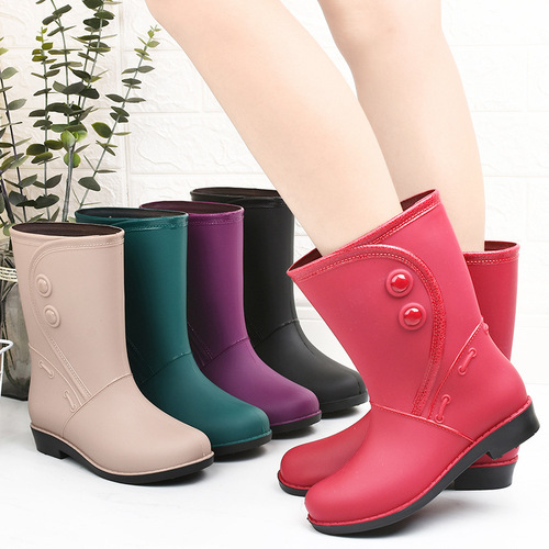 Fashionable Fleece Lined Rain Boots for Women, Warm High-Cut Rain Boots for Winter, Solid Color Low Heel Snow Boots for Outdoors, PVC Rubber Shoes