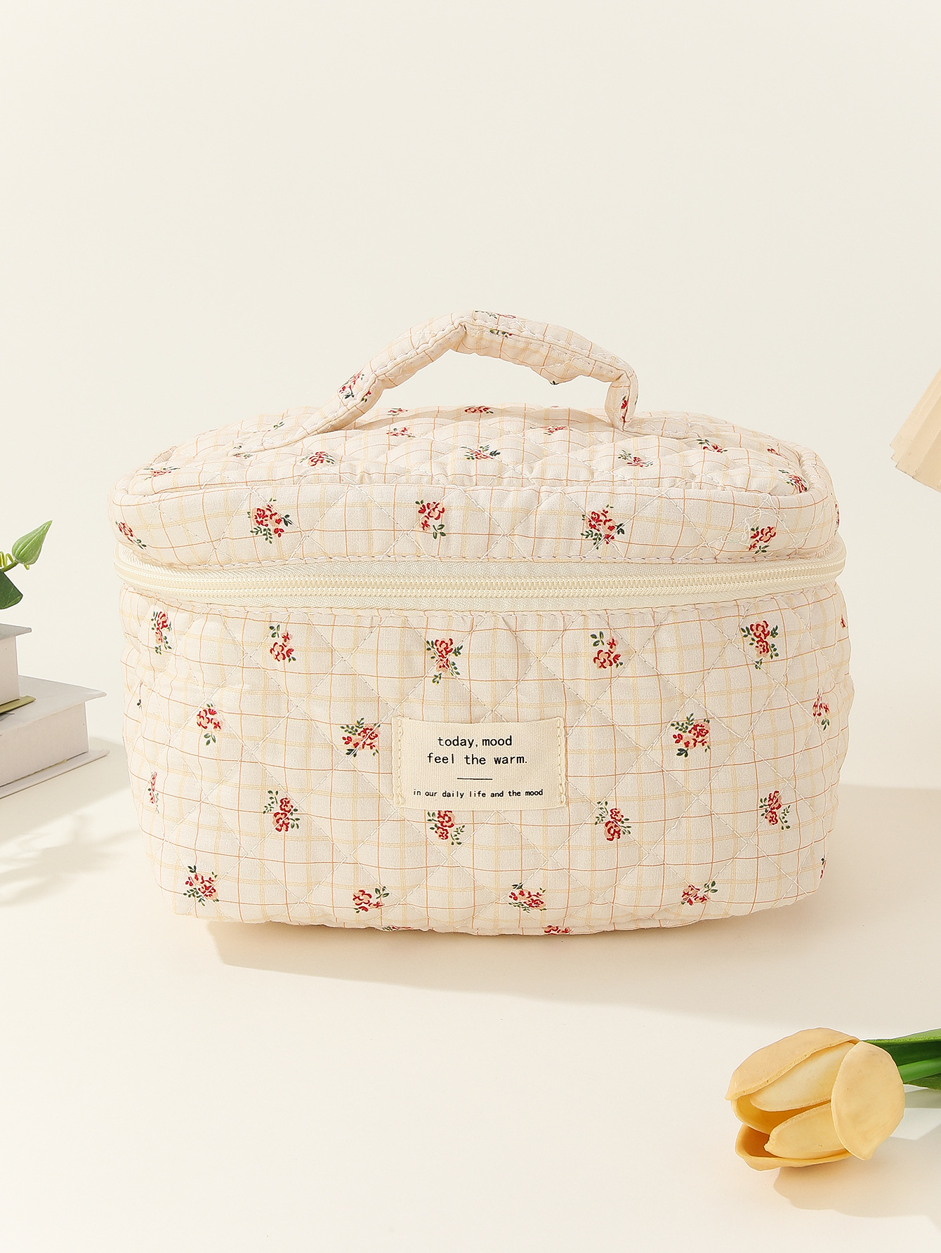 Portátil de gran capacidad bolsa cosméticos pequeño almacenamiento floral portátil acolchado algodón lindo flor ins viaje estudiante