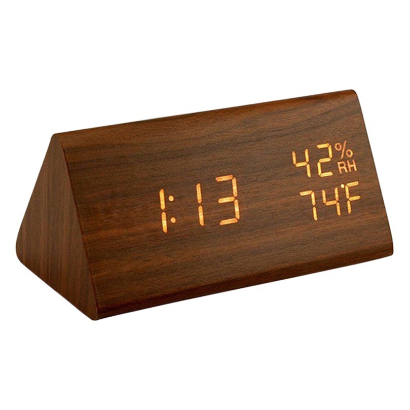 Amazon estudiante regalo escritorio creativo triángulo reloj de alarma control de voz temperatura y humedad digital Reloj de madera electrónica
