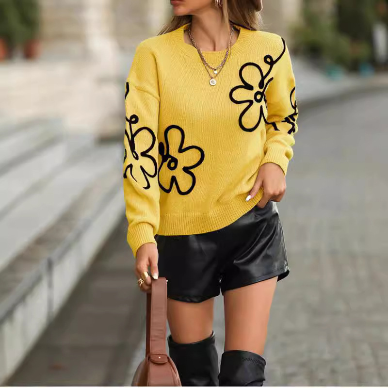 European and American Cross-Border Foreign Trade Women's Knitwears Autumn and Winter Flower Jacquard Knitwears Fashionable Pullover Round Neck Long-Sleeved Tops for Women