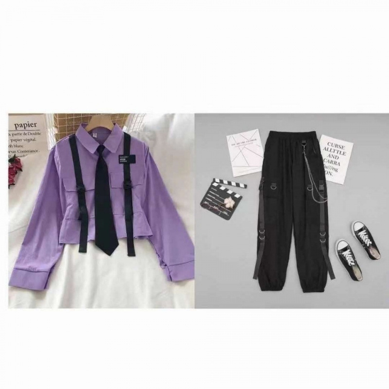 가을 2024 세트 여학생 느슨한 긴 소매 셔츠 높은 허리 스트레이트 토 바지 투피스 세트의 한국어 버전