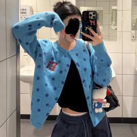 韩系复古波点圆领开衫毛衣外套女2026春秋季软糯慵懒风针织衫上衣