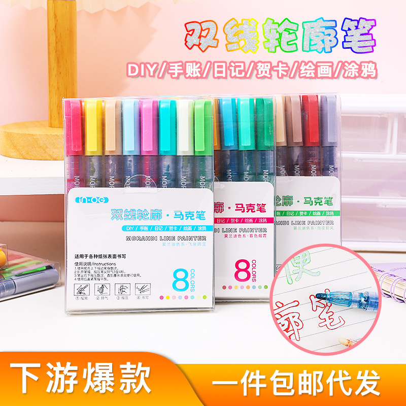 Morandi color scheme double-line outline pen hand-drawn Christmas greeting card colored outline pen