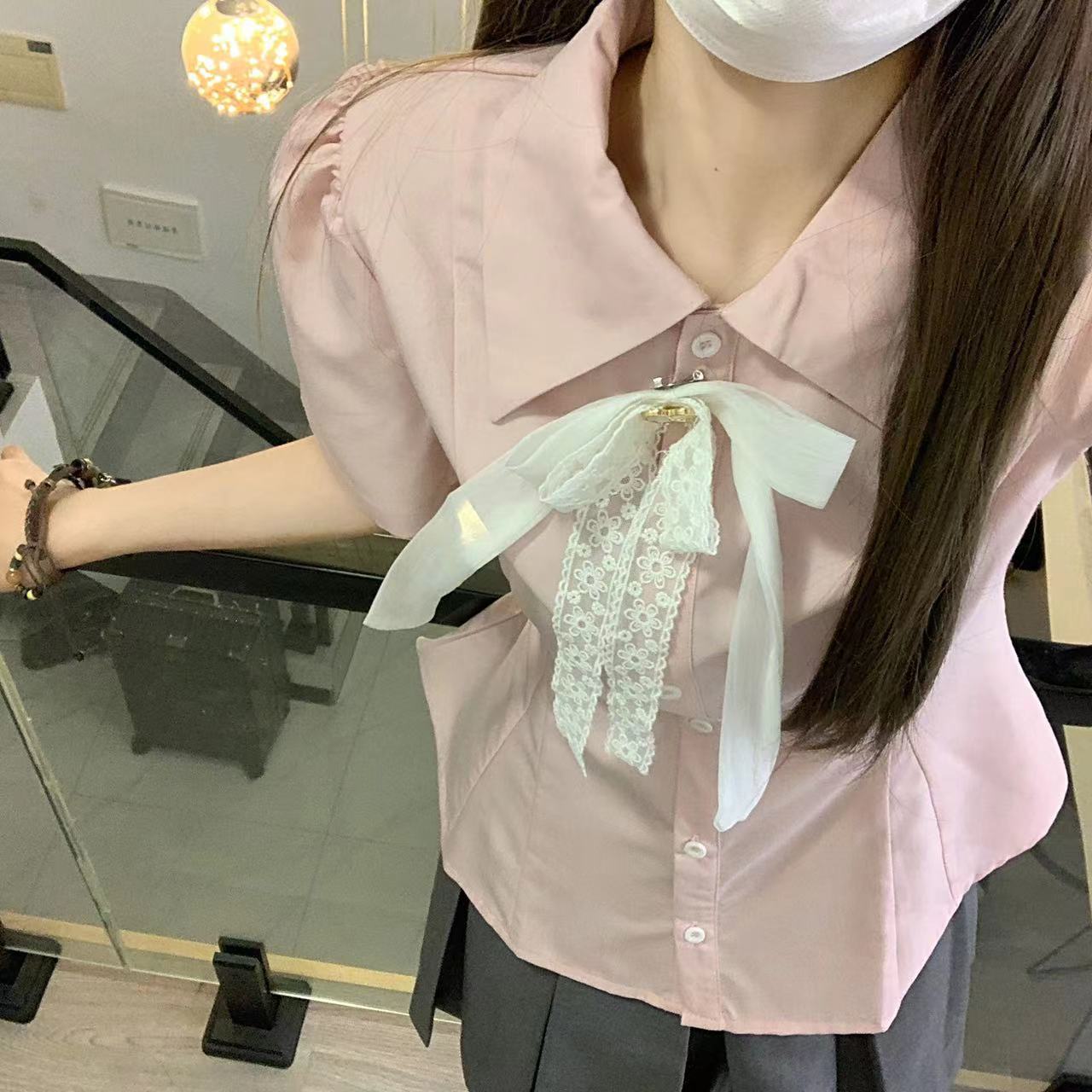새로운 도착 핑크 달콤한 소녀 허리 셔츠 상자 주름 치마 JK 유니폼 세트 단색 한국 나비 넥타이 여름