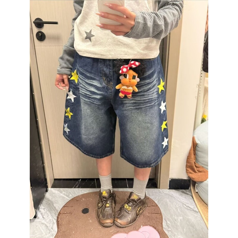2026 Summer American Retro Star Print Denim Capri Pants for Women, Petite Casual Loose Washed Wide-Leg Pants 2026 Summer American Retro Star Print Denim Capri Pants for Women, Petite Casual Loose Washed Wide-Leg Pants