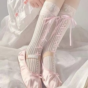 2025 Explosions French Lace Bow Mid-length Stockings Women's Summer Thin Strap Calf Stacked Stockings
