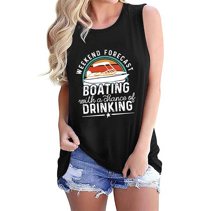 European and American Summer Women's Clothing, Weekend Boating Outing Printed Sleeveless T-Shirt for Women