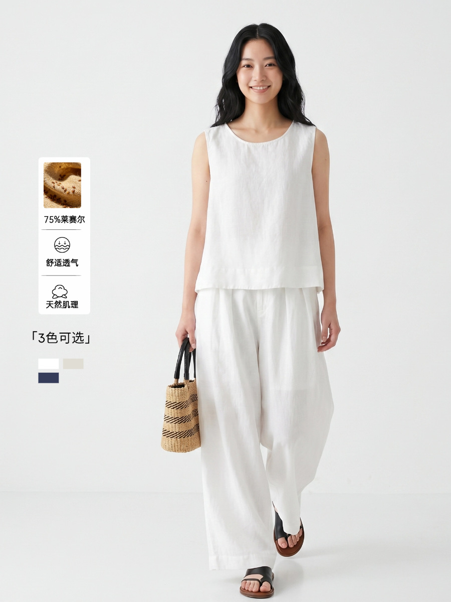 Qadın Tencel Kətan Sleeveless Köynək və Şalvar Dəsti