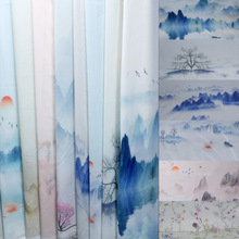 山水墨风景画印花雪纺布料古风装饰背景布古装汉服裙丝绸服装面料