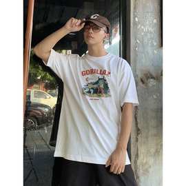 街头霸王复古卡通插画个性创意印花纯棉休闲T恤短袖宽松重磅男款