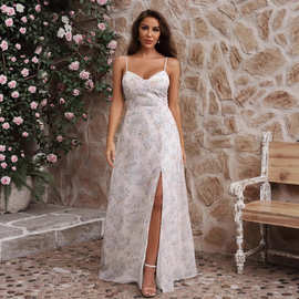 欧美新款吊带晚礼服2026速卖通外贸碎花连衣裙修身抹胸礼服长裙女