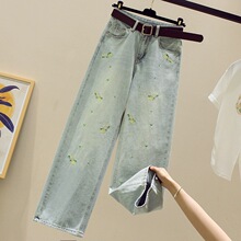 2024夏季新款新中式国风刺绣时尚直筒窄版牛仔裤垂感显瘦阔腿裤女